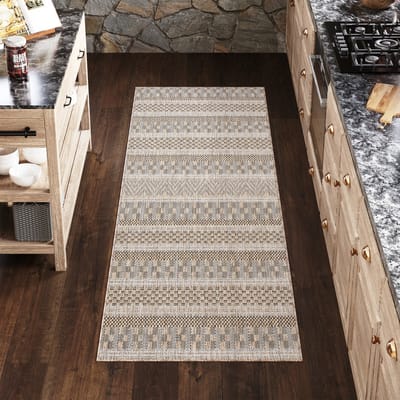 Tapiso Melissa Loper Laagpolig Bruin Beige Indoor Outdoor Vloerkleed Maat- 80x250