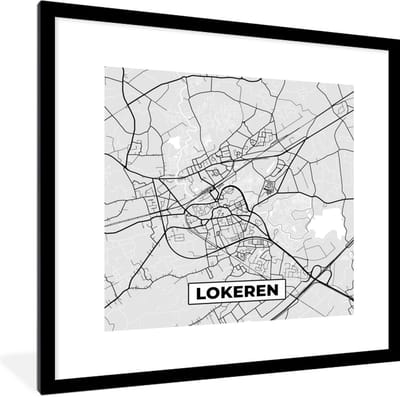 Fotolijst incl. Poster Zwart Wit- België – Lokeren – Stadskaart – Kaart – Zwart Wit – Plattegrond - 40x40 cm - Posterlijst