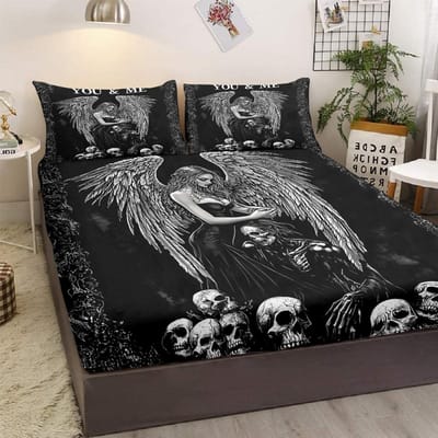 Driedelige beddenset met engel- en demonenmotief, inclusief twee kussenslopen, geschikt voor woonkamer en slaapkamer. (Cultuur, Geloof) 99cmx199cm gray
