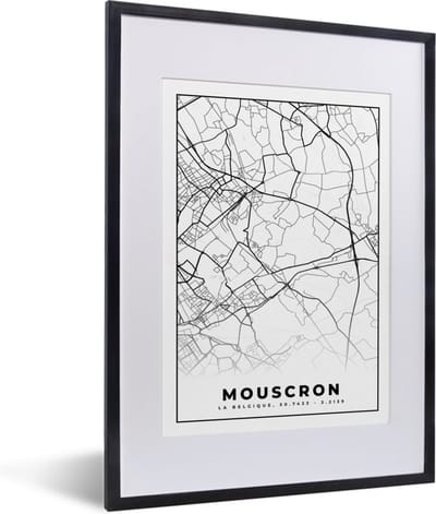 Fotolijst incl. Poster Zwart Wit- Zwart Wit – België – Plattegrond – Stadskaart – Kaart – Mouscron - 30x40 cm - Posterlijst
