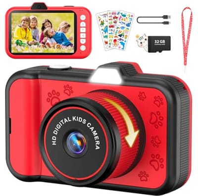 Usteetic Kindercamera, 3,5 inch (8,9 cm) groot scherm, kindercamera met 360° draaibare zoomlens, led-flits, 32 GB TF-kaart, 1080p digitale camera voor kinderen, cadeau voor 3-12 jaar