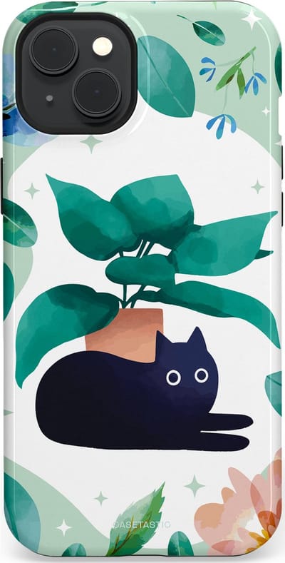 Casetastic hoesje geschikt voor Apple iPhone 15 Plus - MagSafe - Dubbellaagse bescherming - Plantenkat - Fashion Case - Lichtgrijs Turquoise Wit Mintgroen