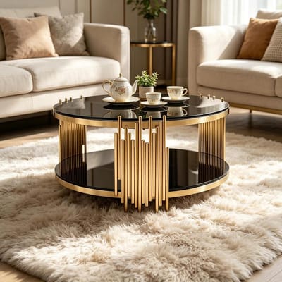 Koffietafel Rond - Glazen Tafel - Woonkamer Decoratie - Twee Niveaus - 80x80x45cm - Goud Zwart