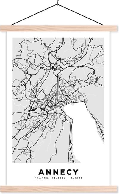 Posterhanger incl. Poster 40x60 cm - Schoolplaat - Annecy – Plattegrond - Frankrijk – Kaart – Stadskaart - Textielposter - Blanke latten - Stadskaart