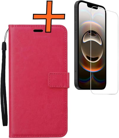 Hoes - Met Screenprotector - Geschikt voor Apple iPhone 16e - Luxe Pasjeshouder - Bookcase Portemonee - Flip Case - Kunstleer Book Case - Flipcase - Book Cover - Walletcase - PortemonneeHoes - Donkerroze
