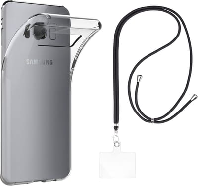 Set met hoesje en nekband voor Samsung Galaxy s8 - Flexibele, transparante TPU-bescherming, verstelbare universele nekband voor mobiele telefoons, zwarte nekband, transparante draagriem van Phonillico®