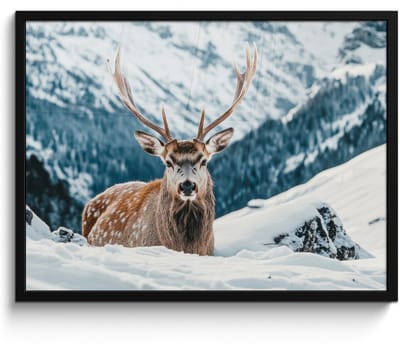 Poster in lijst - Fotolijst 70x50 cm - Posters - Hert - Landschap - Winter - Natuur - Dieren - Bergen - Posterlijst zwart - Decoratie - Wanddecoratie woonkamer - Muurdecoratie slaapkamer