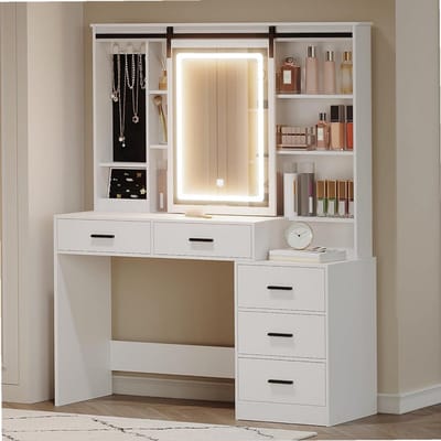 Sierra, Kaptafel met Verstelbare Ledverlichting, Grote Afneembare Spiegel, Sieradenopbergruimte, Open Planken, 5 Lades, met Bijzettafeltje, voor Slaapkamer, WitDT33103X
