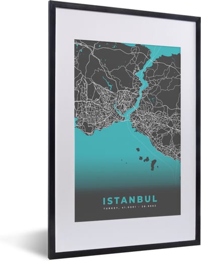 Fotolijst incl. Poster - Istanbul - Blauw - Kaart - Stadskaart - Plattegrond - 40x60 cm - Posterlijst