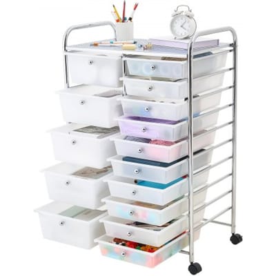 VEVOR Rolwagen met 15 Laden, Dubbele Rij Opbergcontainer, 635x390x965mm, Metalen Frame, Plank, Handgrepen, Zwenkwielen met 2 Remmen, Mobiele Opbergwagen voor Kantoor, Werkplaats, Hobbyruimte