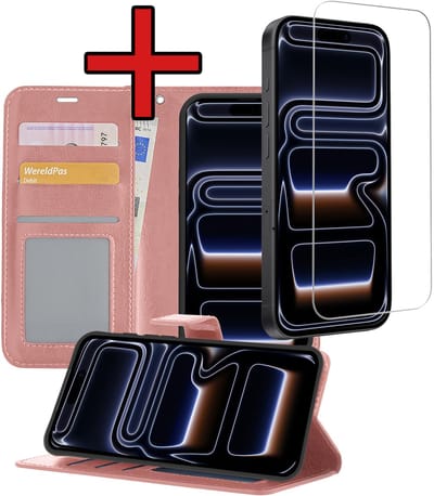 Hoesje - Met Screenprotector - Geschikt voor iPhone 17 Pro / 18 Pro - Luxe Pasjeshouder - Flipcase - Bookcase Portemonee - Flip Case - Kunstleer Book Case - Book Cover - Walletcase - Portemonneehoes - Telefoonhoes - Rosé goud