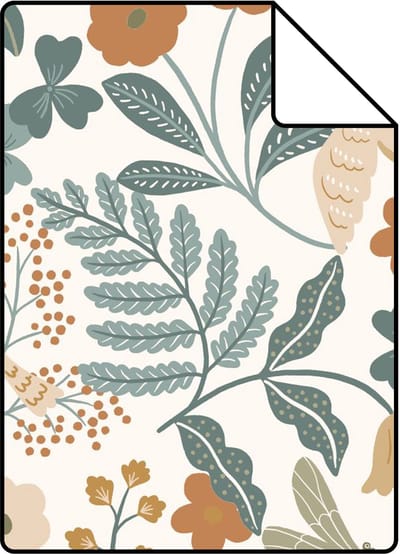 Proefstaal ESTAhome behang bloemen en vogels grijsblauw, olijfgroen en okergeel - 53 cm x 10.05 m - 139865-S