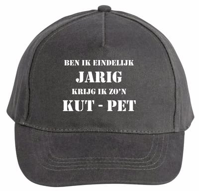 Mijncadeautje - 5 panel - Cap - Verstelbaar - Pet van 100% dik geborsteld katoen- unisex - opdruk wit - Ben ik eindelijk jarig - K** Pet - chique grijs