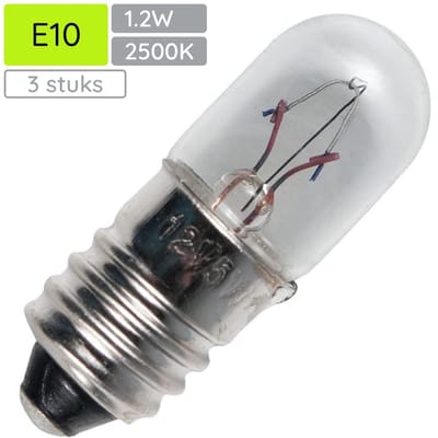 Signaallamp E10 8V 1.2W - 150 mAh - 3 stuks - T10 Gloeilamp Ø10mm - 28mm - 2500K - Dimbaar