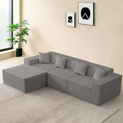 OKWISH Hoekbank 3-Zits - Modulair L-Vorm Met Chaiselongue, Bekerhouder En Opbergtas - Voor Woonkamer - Cordstof - Grijs
