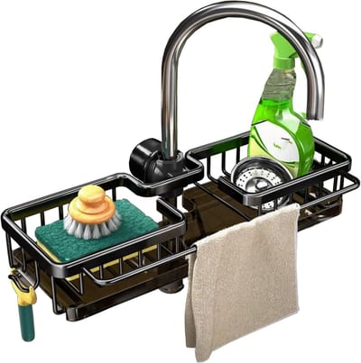 Gootsteenorganizers - Vaatdoekhouder - Gootsteenrek - Sponshouder - Kraanafvoerrek - Afneembaar - Hangend - Met lekbak - Rechts als één geheel - Sterk draagvermogen - Corrosiebestendigheid -Roestbestendigheid - Kraan niet inbegrepen - Zwart