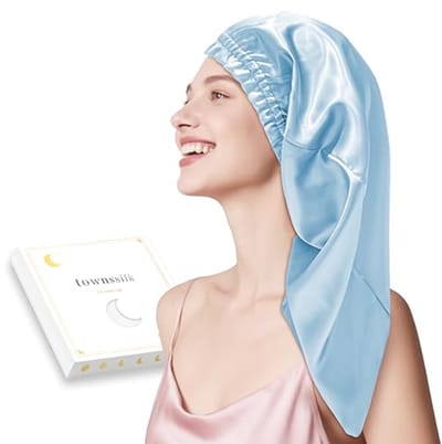 Zijden slaapmuts voor dames - 100% moerbeizijde, luxueus en ademend, ideaal voor lang en krullend haar - 80cm Ice Blue
