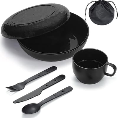 Famanu – Camping mess kit met kom, bord, beker, lepel, vork, mes en draagtas, kunststof campingaccessoires voor buiten