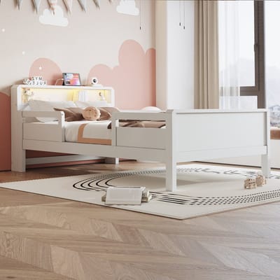 Wishdor Kinderbed 90x200 cm - Met opbergvak, led-verlichting & oplaadpunt - Zijhekken - Grenenhout - Wit - Veilig opbergen en opladen