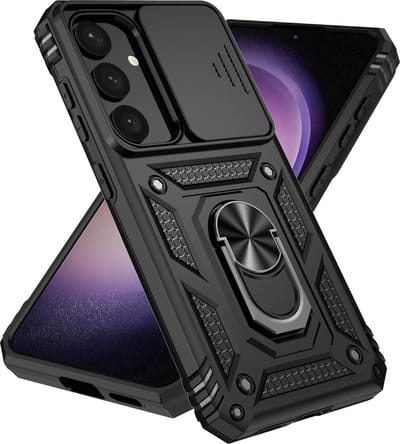 Casemania Hoesje Geschikt voor Samsung Galaxy S25 - Zwart - Anti-Shock Hybrid Armor Back Cover - Hoes met Kickstand Ring en Camera Bescherming