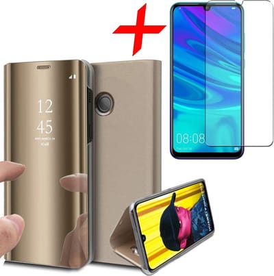 Spiegel Hoesje geschikt voor Huawei P Smart (2019) Kunstlederen Wallet Book Case Goud + Screenprotector Gehard Glas Tempered Glass van iCall