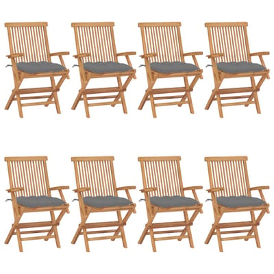 vidaXL - Opklapbare - stoelen - met - grijze - kussens, - 8 - stuks, - massief - teakhout