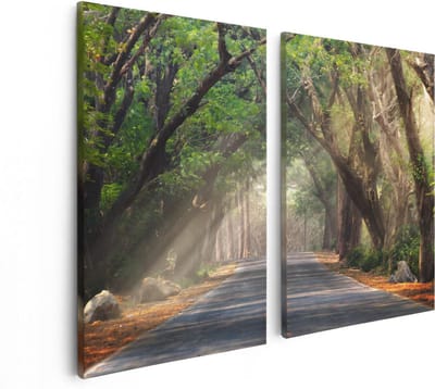 Artaza Canvas Schilderij Tweeluik Weg Omringd Met Bomen - 80x60 cm - Wanddecoratie Woonkamer - Schilderijen - Muurdecoratie