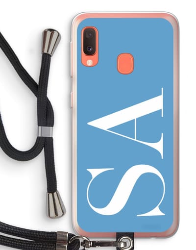 Gepersonaliseerd - Case Company® - Hoesje met koord geschikt voor Samsung Galaxy A20e hoesje met Koord - Monogram N°2 - Telefoonhoesje met Zwart Koord - Bescherming aan alle Kanten en Over de Schermrand