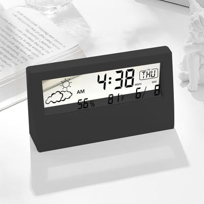 Crrynuo - Digitale Bureauklok - LCD-display - Met Weerbericht, Thermometer en Wekker - Elektronisch - Batterijgevoed- Zwart