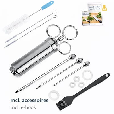 BooGoo® Professionele RVS Marinade spuit - Inclusief Kook Ebook & Accessoires - 16-delig – Marinade Injectiespuit