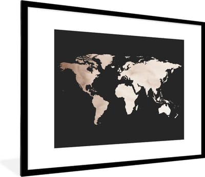 Poster in lijst - Fotolijst 80x60 cm - Posters - Wereldkaart - Zwart - Wit - Posterlijst zwart - Decoratie - Wanddecoratie woonkamer - Muurdecoratie slaapkamer