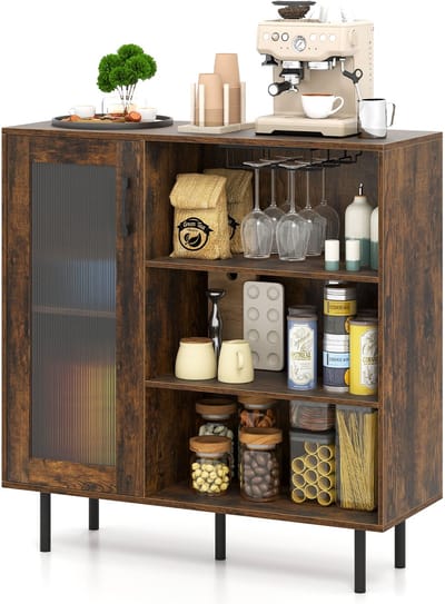 COSTWAY Dressoir van hout, keukenkast met glazen deur, verstelbaar wijnrek en geïntegreerde wijnglashouders, commode voor woonkamer, keuken, eetkamer, buffetkast, vintage, 95 x 35 x 98 cm