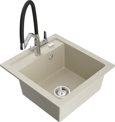Mexen Vito granieten gootsteen met 1 bak en Duo keukenmengkraan, beige - 6503-69-671701-07