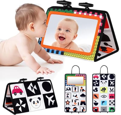 Tummy Time Spiegel voor Baby's - Zwart-wit Sensory Speelgoed en Activiteitenmat voor Pasgeborenen met Hoge Contrastpatronen en Veilig Vouwbaar Ontwerp