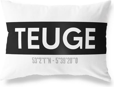 Tuinkussen TEUGE - GELDERLAND met coördinaten - Buitenkussen - Bootkussen - Weerbestendig - Jouw Plaats - Studio216 - Modern - Zwart-Wit - 50x30cm