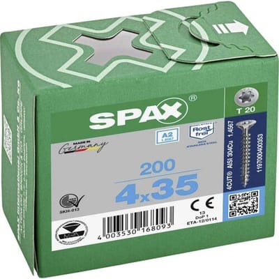 Spax - Spaanplaatschroeven - Torx 20 T-Star Platverzonken kop - 4 x 35mm - Voldraad - RVS (200 stuks)