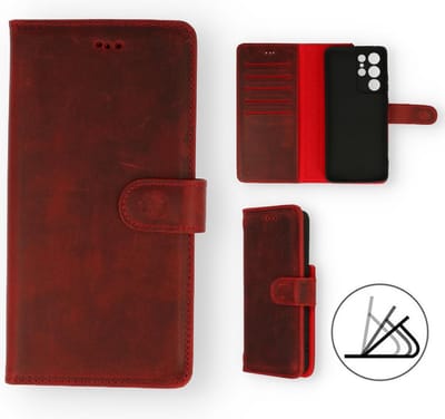 Casemania Echt Leren Hoesje Geschikt voor Samsung Galaxy S21 Ultra - Rood - Leer Wallet Hoes - Portemonnee Book Cover met Pasjeshouder