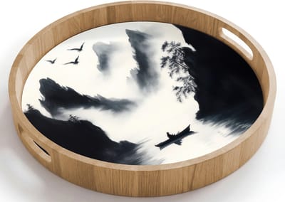 Dienblad rond 40x40 cm - Schootdienblad hout - Roeiboot - Mistig - Bergen - Vogels - Borrelplank rechthoek - Plateau houten dienbladen