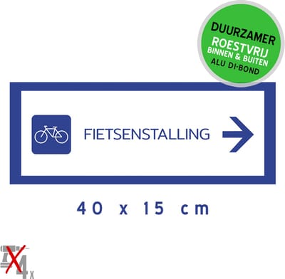 Pictogram/ bord Dibond | "Fietsenstalling" (pijl rechts) | 40 x 15 cm | Fietsenparking | Fiets | Parking | Fietsers | Signalisatie | Gemakkelijk te plakken | Duurzaam | Roestvrij | 1 stuk