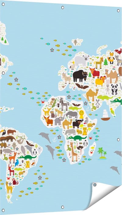 Gards Tuinposter Wereldkaart met Dieren - 80x120 cm - Tuindoek - Tuindecoratie - Wanddecoratie buiten - Tuinschilderij