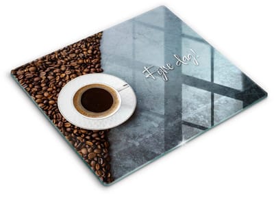 Wallfluent Glazen Snijplanken - Kopje koffie, Fijne dag! Snijplanken Glas - 60 cm x 52 cm - Grijs Snijplanken van Glas - Keuken Snijplank Glas - Hygiënische Snijplank van Glas - Antislip Hakplank van Glas