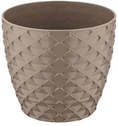 3+2 - Bloempotten -rond taupe met afwatering en wateropvang - 5 ronde mokka sierpotten