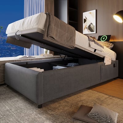 REDOM opbergbed 90x190 cm – Katoen-linnen grijs – Hydraulisch opbergsysteem – USB & Type-C – Zonder hoofdbord – Volle houten bedbodem – 150 kg