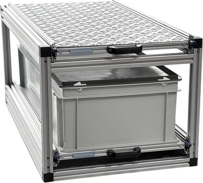 Dubbel schuifframe voor camper 90x40 cm - met 2 gesloten bakken en aluminium plaat - 130 kg belastbaar