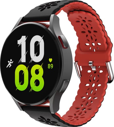 Stravo Siliconen Sport bandje - Zwart/rood - Verstelbare Armbandje met Snelle 20 mm Bloemenprint - voor Galaxy Watch 7 (40 & 44mm)/Watch 6 (Classic)/Watch 5 (Pro)/Watch 4 (Classic)/Watch 3 41mm/Watch 1 42mm/Watch Active/Watch FE/Gear Sport