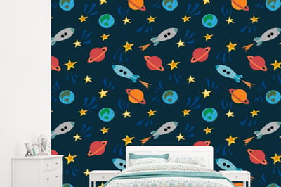Behang - Fotobehang Patronen - Aarde - Ruimte - Raket - Jongens - Kinderen - Jongetje - Kids - Breedte 245 cm x hoogte 220 cm