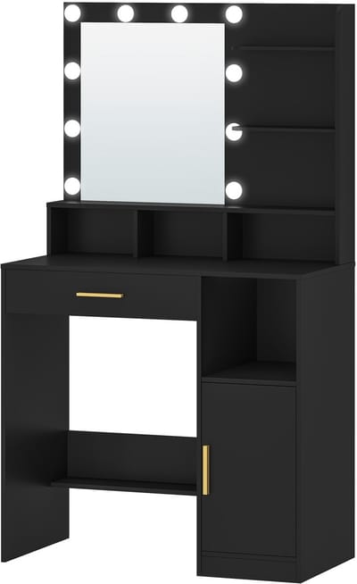 Dressing Table – Voor Slaapkamer en Make-up – Kaptafel met Spiegel, 10 LED-Lampen, 3 Planken, 4 Open Vakken en Grote Lade – Zwart