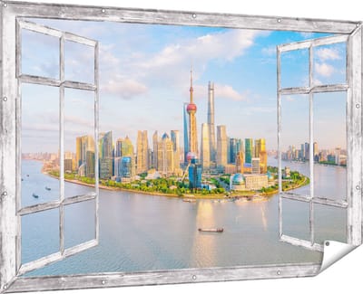 Gards Tuinposter Doorkijk Skyline Shanghai Stad in China - 180x120 cm - Tuindoek - Tuindecoratie - Wanddecoratie buiten - Tuinschilderij