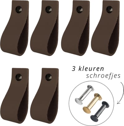 Handles and more - 6x Leren handgrepen lusjes - Donker Bruin - XS (12,6 x 2,5 cm) - incl. 3 kleuren schroefjes (handgreepjes - leren grepen - greepjes - leren lusjes)