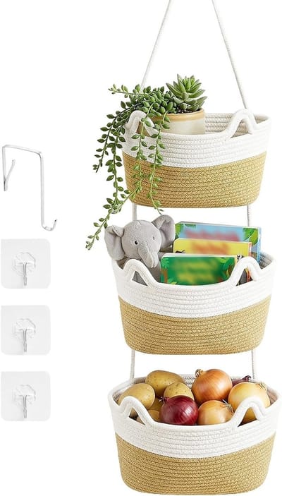 Hanging Basket met 3 Niveaus voor Wandopslag - Verwijderbare Bohemian Fruitmand voor Keuken, Slaapkamer en Woonkamer in Khaki met 4 Haken